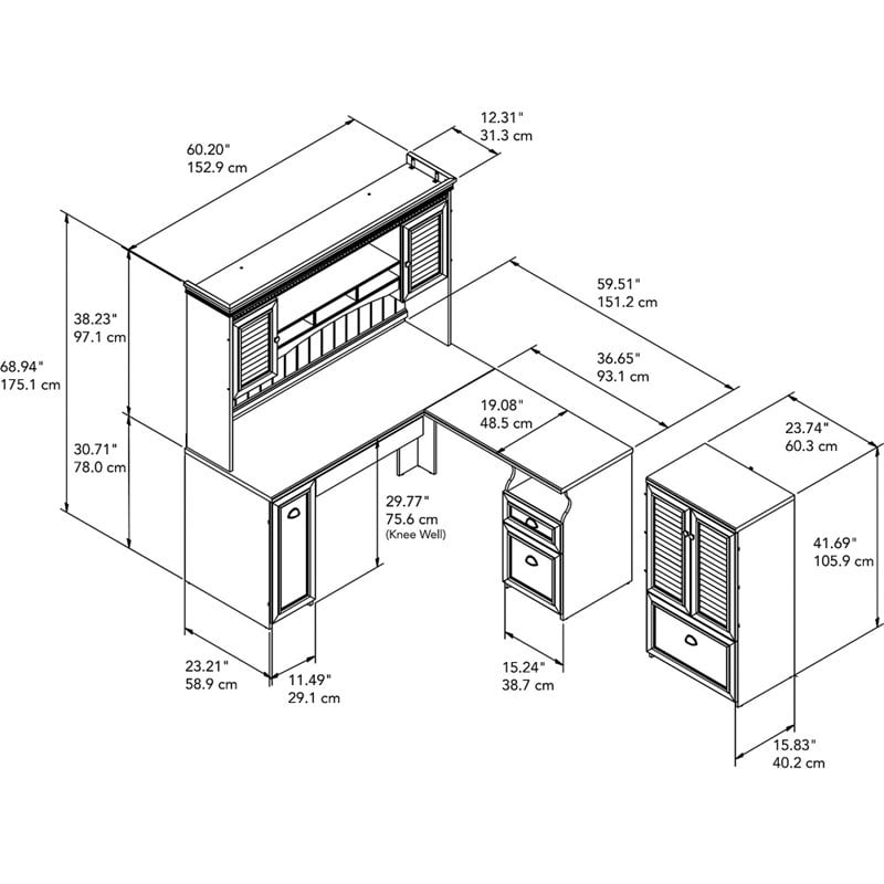 Pemberly Row L Desk with Hutch and Storage in Antique White - Engineered Wood