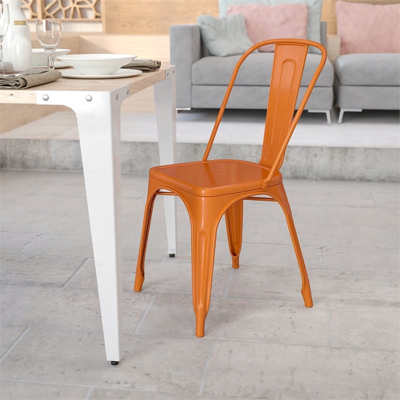Pemberly Row Modern Metal Stackable Dining Side Chair in Orange