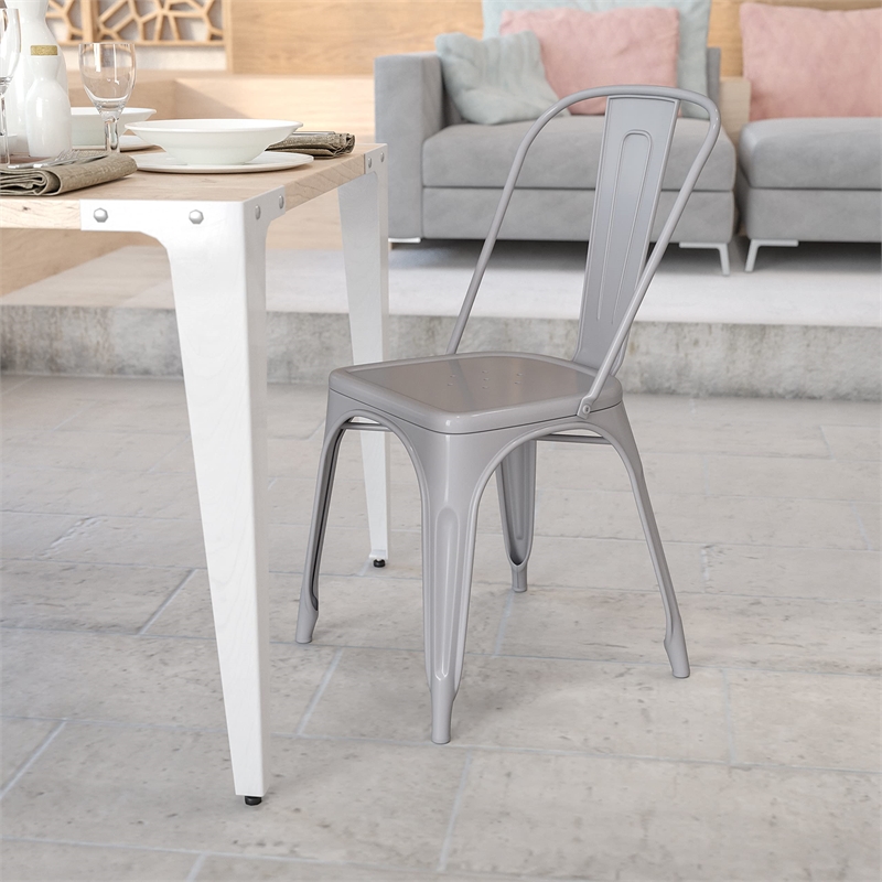 Pemberly Row Modern Metal Stackable Dining Side Chair in Silver