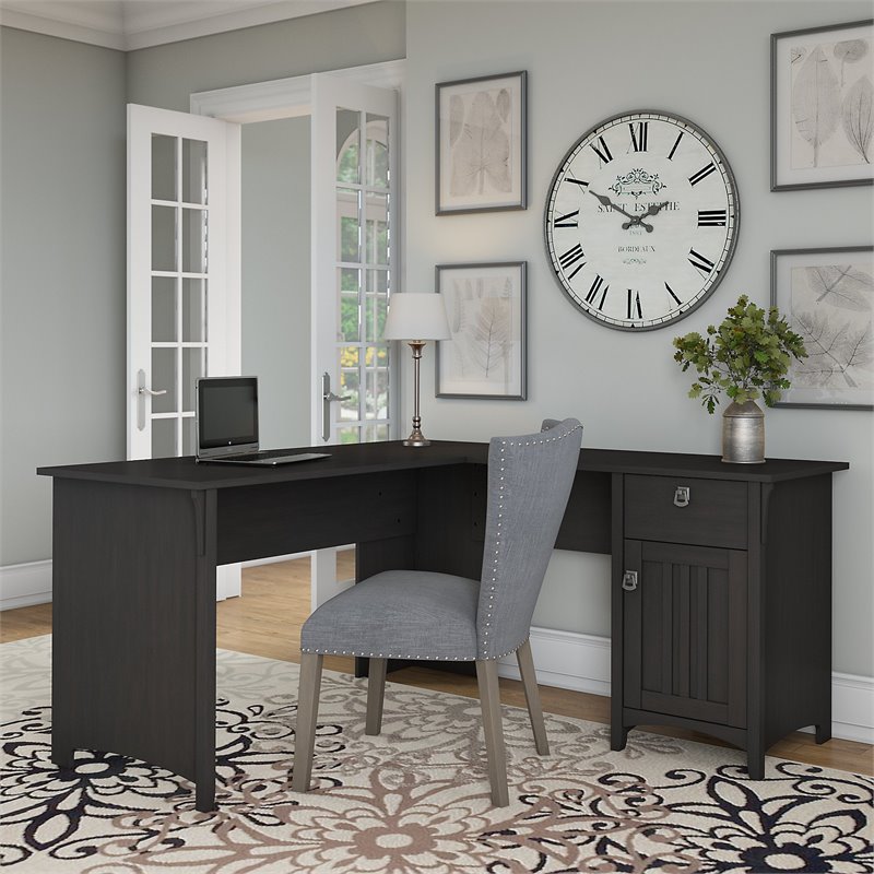 Pemberly Row L Shaped Desk with Storage in Vintage Black - Engineered Wood
