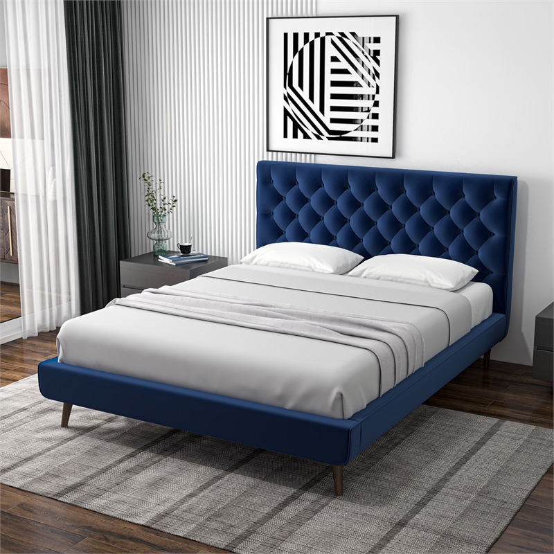 Pemberly Row Mid-Century Modern Blue Velvet Upholstered Queen Platform Bed