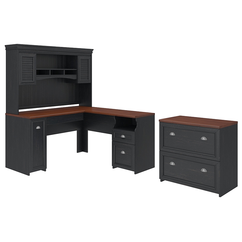 Pemberly Row L Desk with Hutch & File Cabinet in Antique Black
