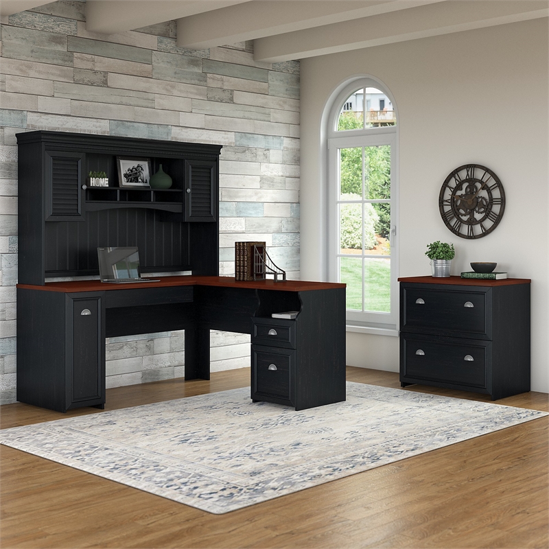 Pemberly Row L Desk with Hutch & File Cabinet in Antique Black