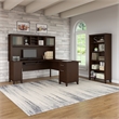 Pemberly Row 72W L Desk with Hutch & 5 Shelf Bookcase in Cherry