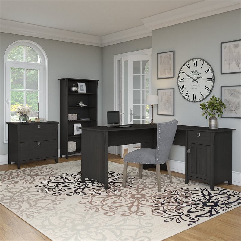 Pemberly Row L Desk with Storage 3 Pc. Set in Vintage Black - Engineered Wood