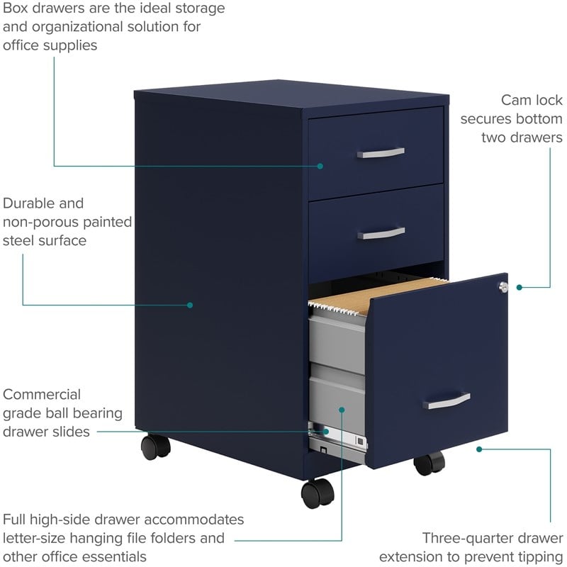 Pemberly Row 18in 3 Drawer Metal Mobile Filing Cabinet Ball Bearing Slide Navy