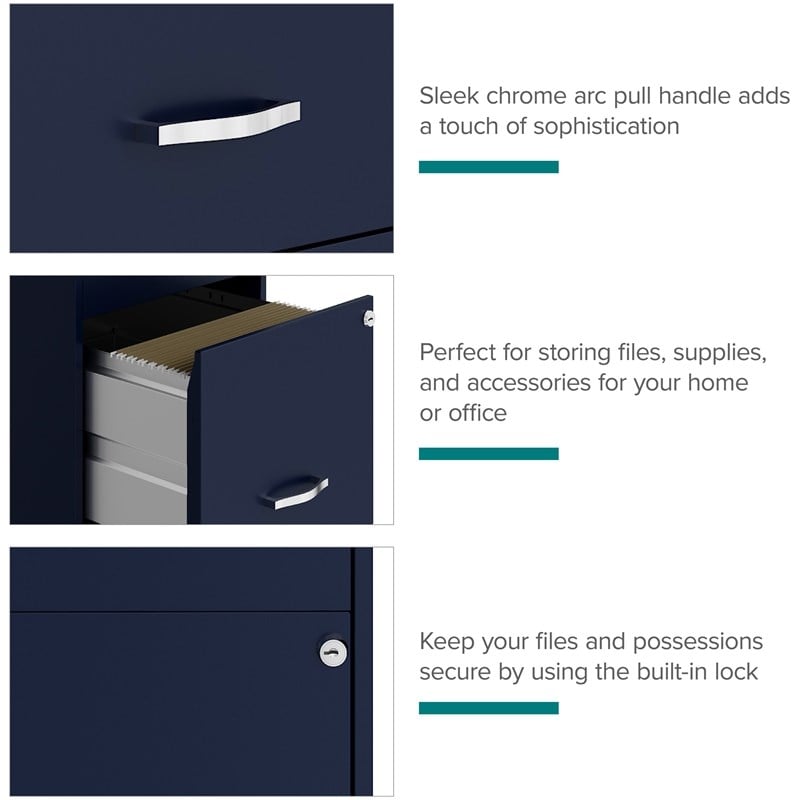 Pemberly Row 18in 3 Drawer Metal Mobile Filing Cabinet Ball Bearing Slide Navy
