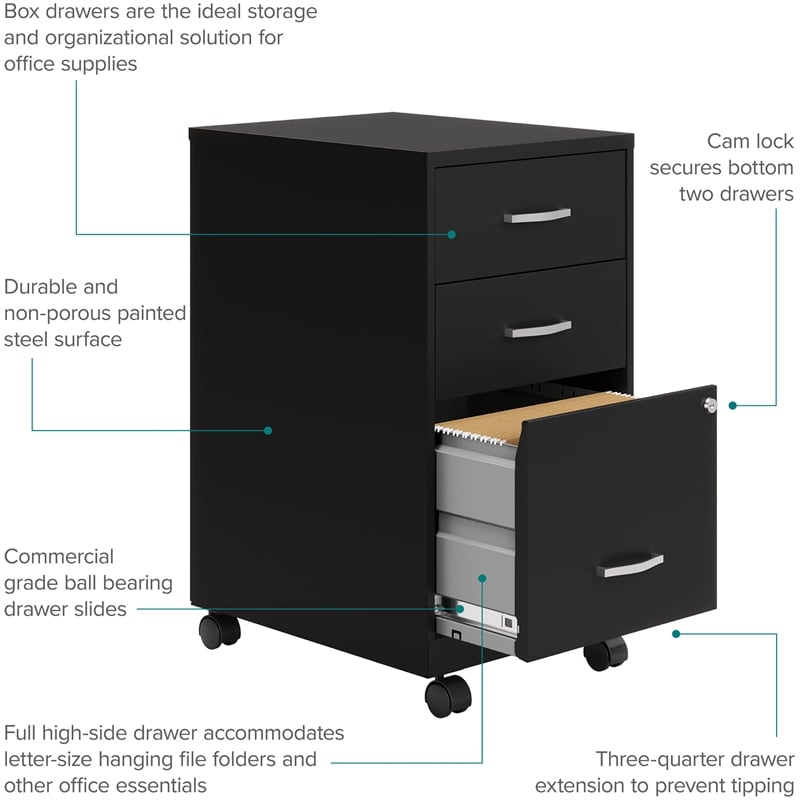 Pemberly Row 18in 3 Drawer Metal Mobile Filing Cabinet Ball Bearing Slide Black