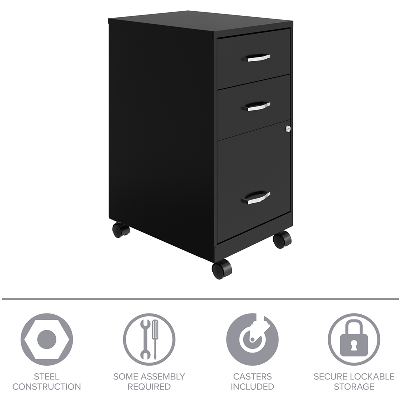 Pemberly Row 18in 3 Drawer Metal Mobile Filing Cabinet Ball Bearing Slide Black