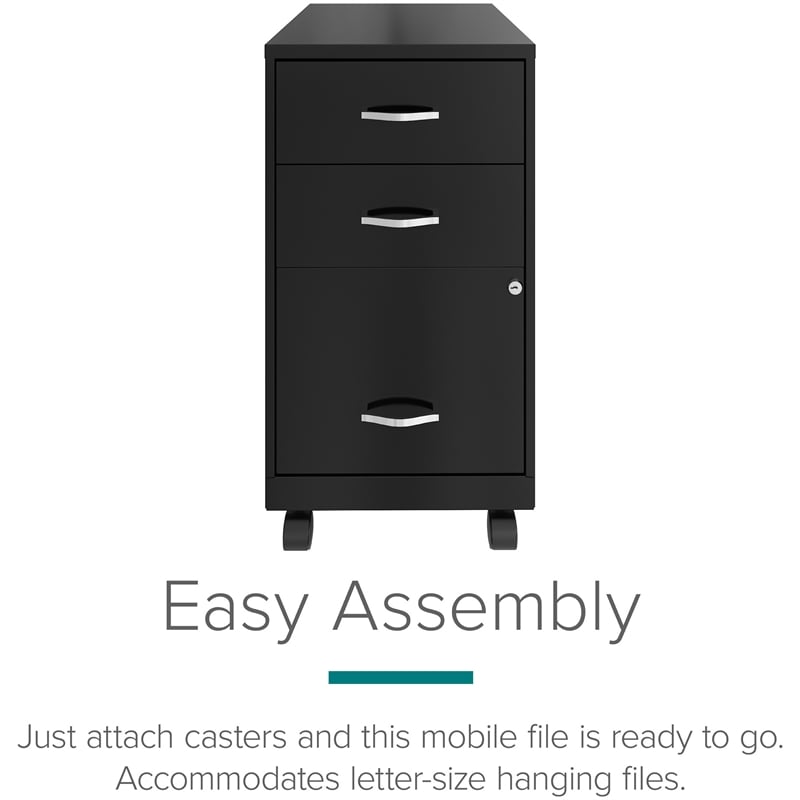 Pemberly Row 18in 3 Drawer Metal Mobile Filing Cabinet Ball Bearing Slide Black