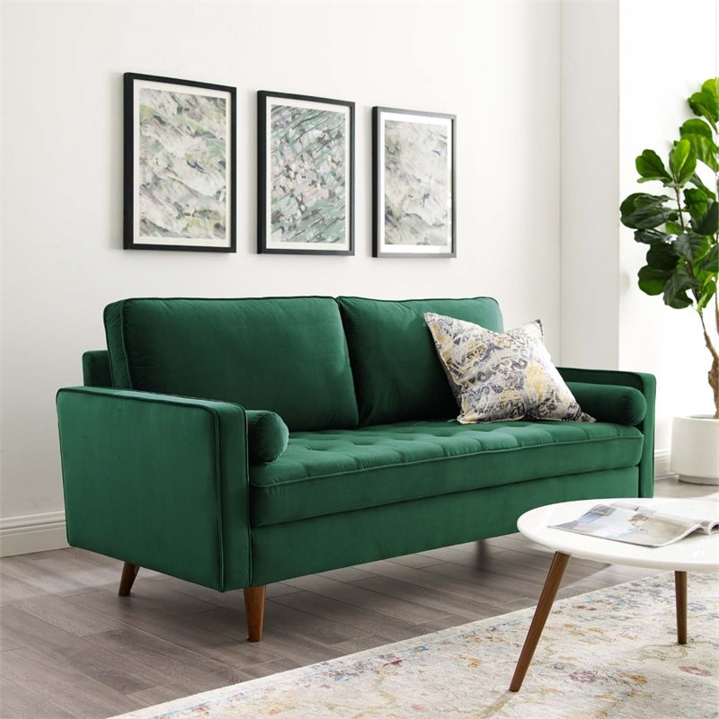 Pemberly Row Mid-Century Performance Velvet Sofa in Green Finish