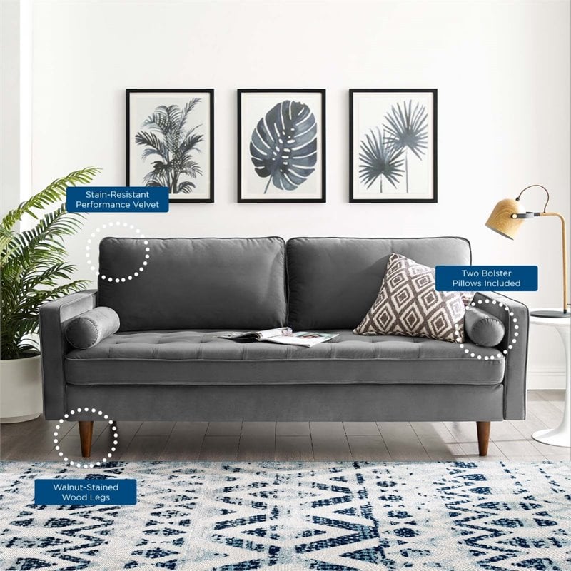 Pemberly Row Mid-Century Performance Velvet Sofa in Gray Finish