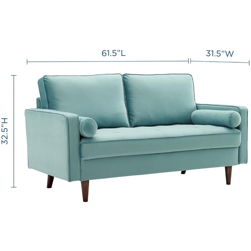 Pemberly Row Modern Performance Velvet Loveseat in Mint Green / Walnut