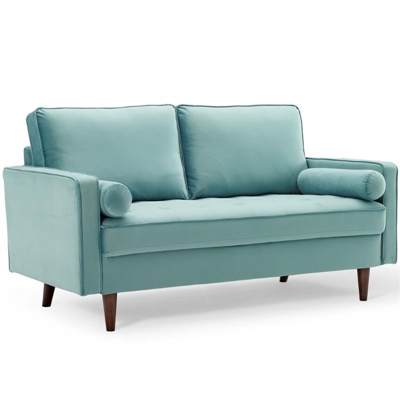 Pemberly Row Modern Performance Velvet Loveseat in Mint Green / Walnut