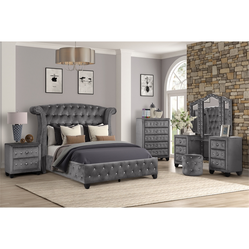 Pemberly Row Crystal Tufted Vanity Set - Velvet Fabric / Wood in Gray