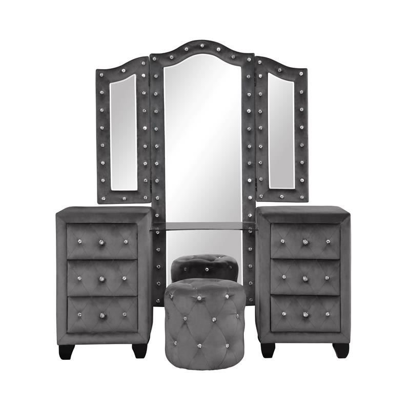Pemberly Row Crystal Tufted Vanity Set - Velvet Fabric / Wood in Gray
