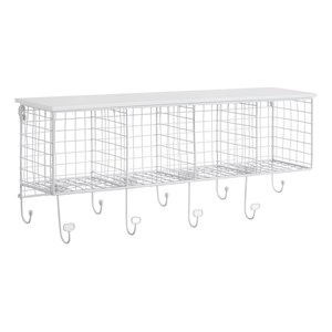 Pemberly Row Four Metal Wall Shelf with Top Shelf and 9 Hooks in White