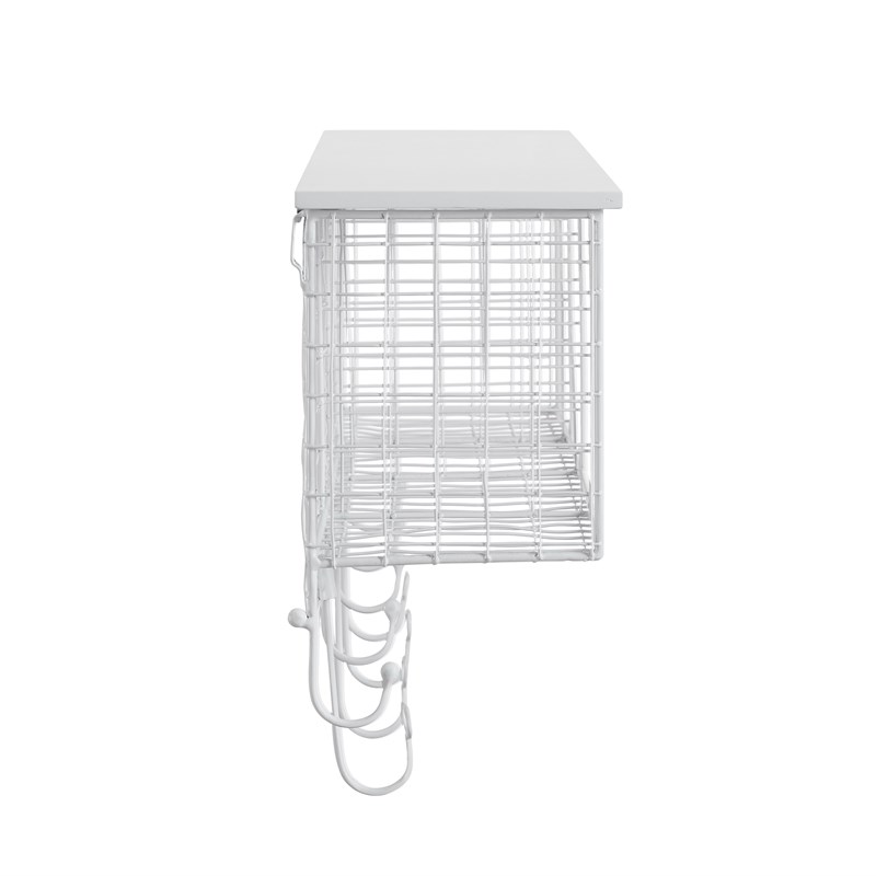 Pemberly Row Four Metal Wall Shelf with Top Shelf and 9 Hooks in White