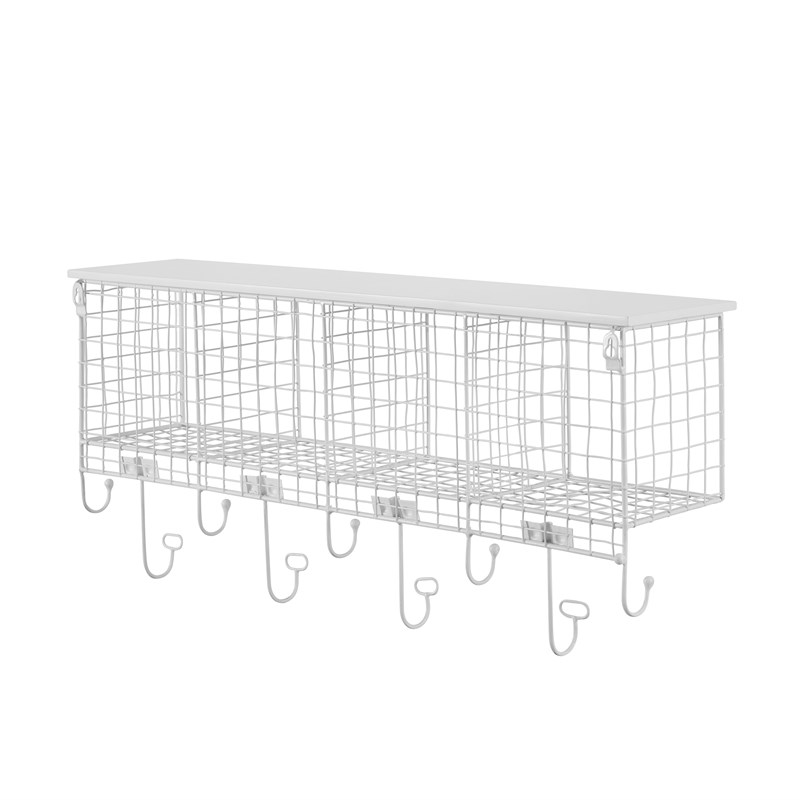 Pemberly Row Four Metal Wall Shelf with Top Shelf and 9 Hooks in White