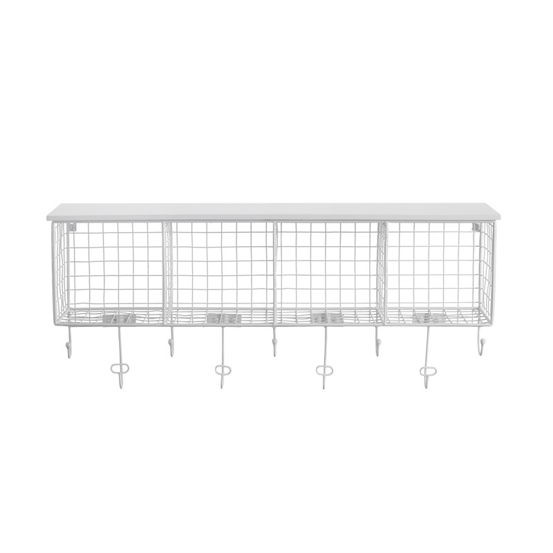 Pemberly Row Four Metal Wall Shelf with Top Shelf and 9 Hooks in White