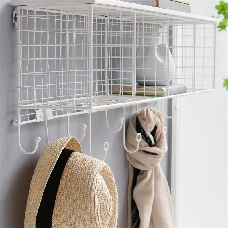 Pemberly Row Four Metal Wall Shelf with Top Shelf and 9 Hooks in White