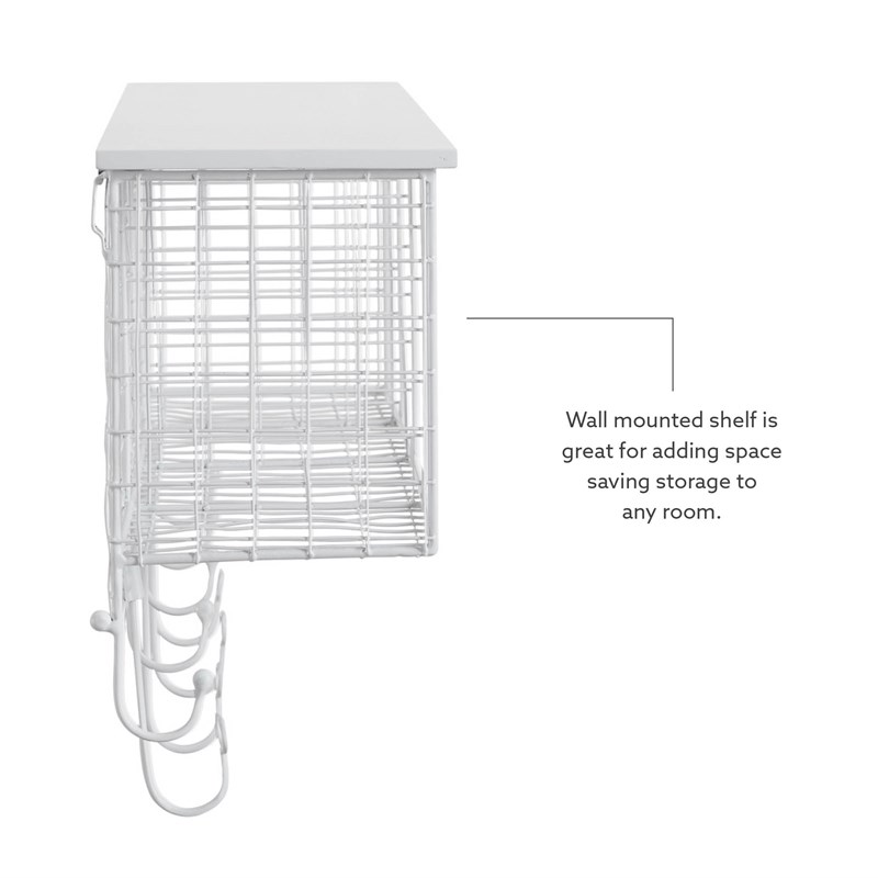 Pemberly Row Four Metal Wall Shelf with Top Shelf and 9 Hooks in White