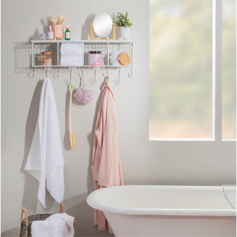 Pemberly Row Four Metal Wall Shelf with Top Shelf and 9 Hooks in White