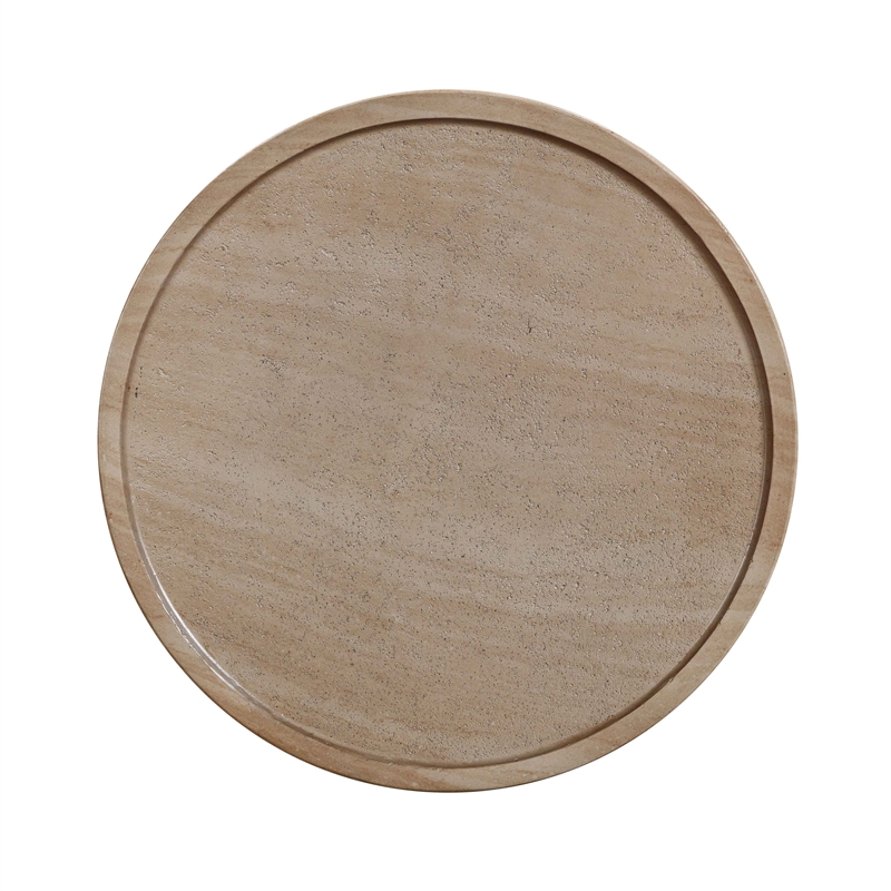 Pemberly Row Contemporary Faux Travertine & Marble Side Table in Tan