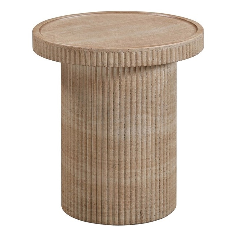 Pemberly Row Contemporary Faux Travertine & Marble Side Table in Tan