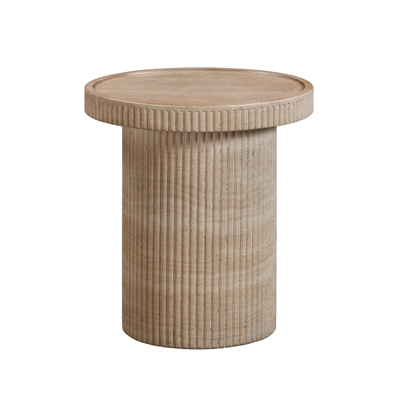 Pemberly Row Set of 2 Faux Travertine & Marble Side Table in Tan