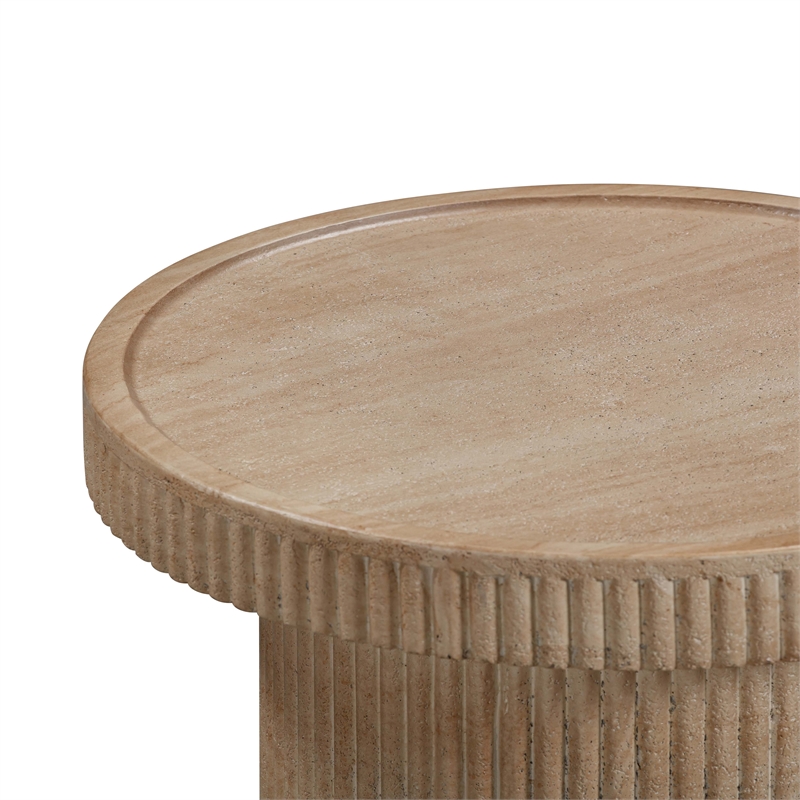 Pemberly Row Set of 2 Faux Travertine & Marble Side Table in Tan
