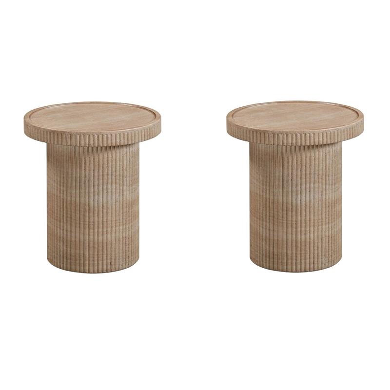 Pemberly Row Set of 2 Faux Travertine & Marble Side Table in Tan