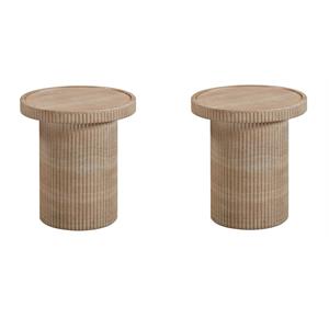 Pemberly Row Set of 2 Faux Travertine & Marble Side Table in Tan