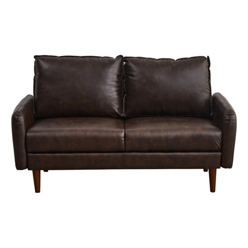 Pemberly Row Faux Leather Loveseat Modern Sofa with Wooden Legs in Brown