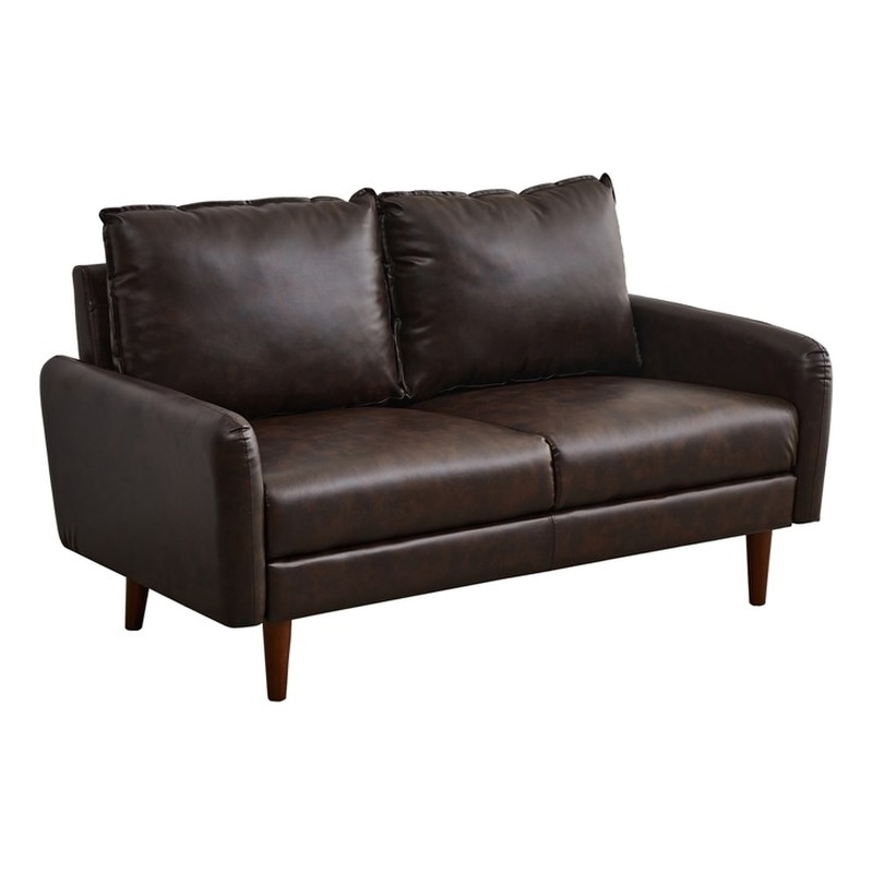 Pemberly Row Faux Leather Loveseat Modern Sofa with Wooden Legs in Brown