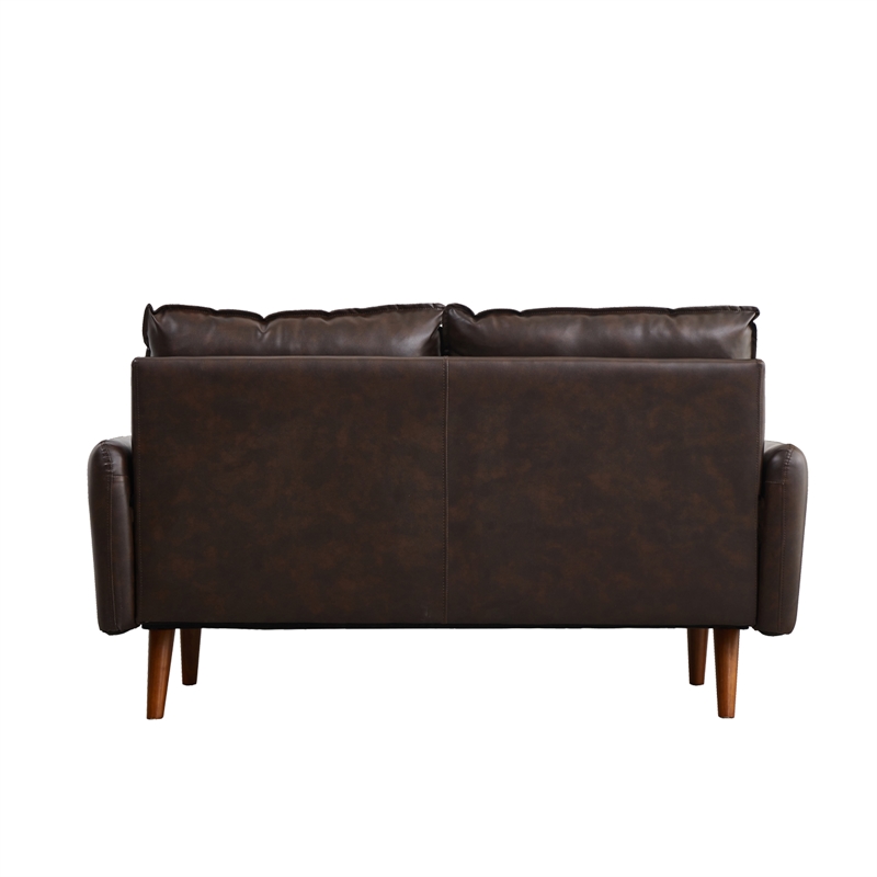 Pemberly Row Faux Leather Loveseat Modern Sofa with Wooden Legs in Brown