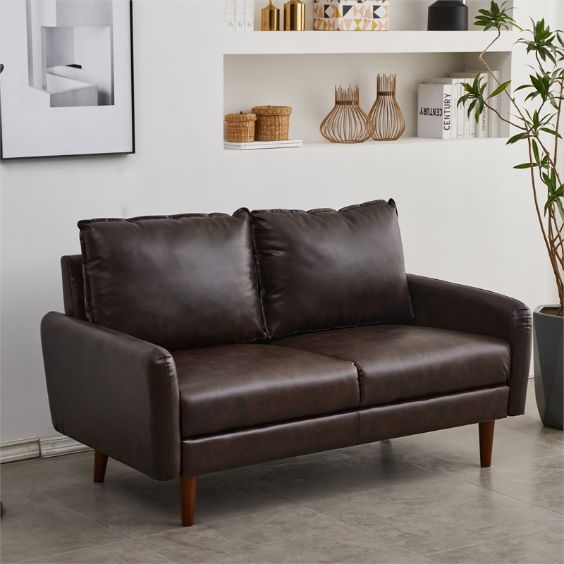 Pemberly Row Faux Leather Loveseat Modern Sofa with Wooden Legs in Brown
