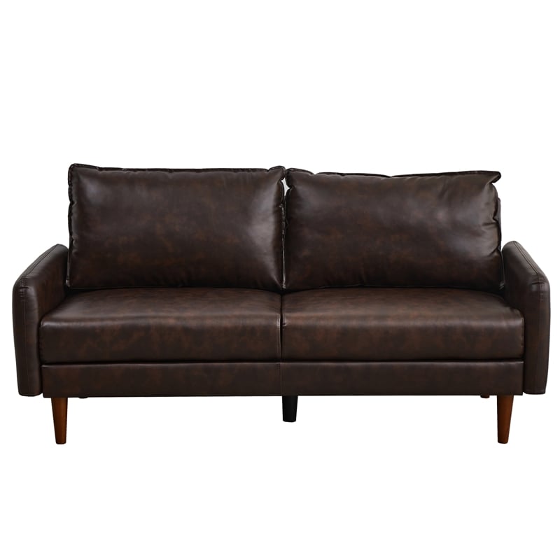 Pemberly Row Faux Leather Sofa Modern Couch with Wooden Legs in Brown