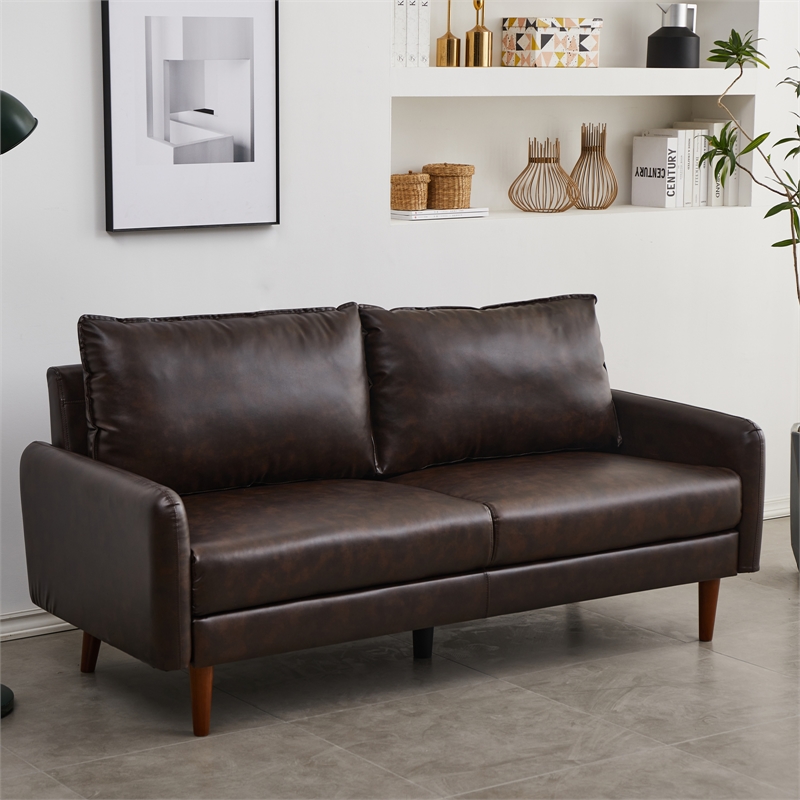 Pemberly Row Faux Leather Sofa Modern Couch with Wooden Legs in Brown