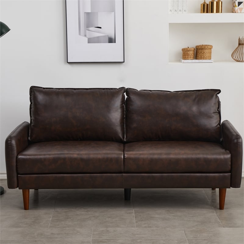 Pemberly Row Faux Leather Sofa Modern Couch with Wooden Legs in Brown