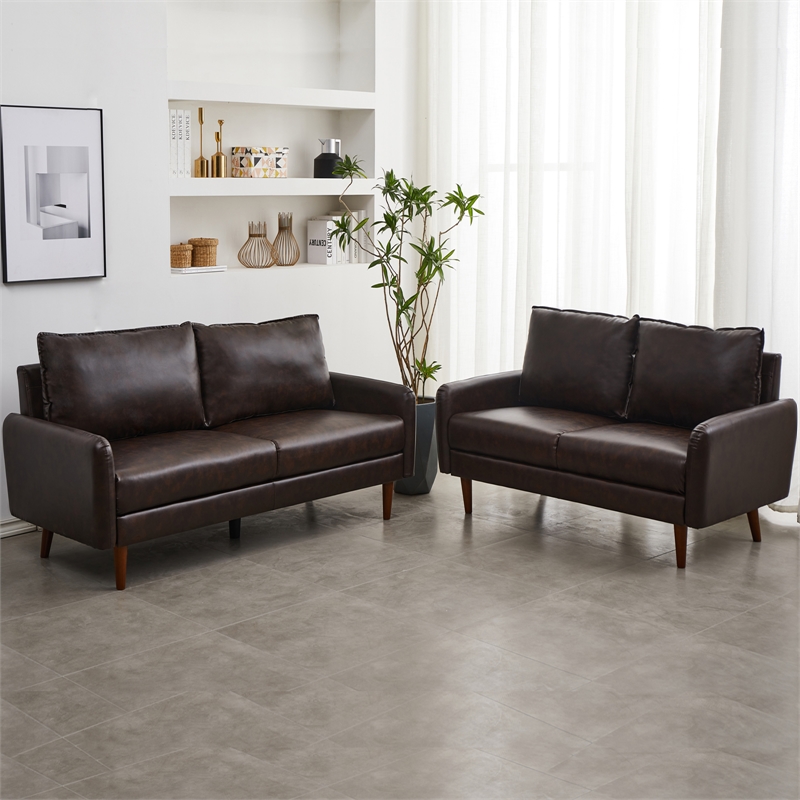 Pemberly Row Faux Leather Sofa Modern Couch with Wooden Legs in Brown