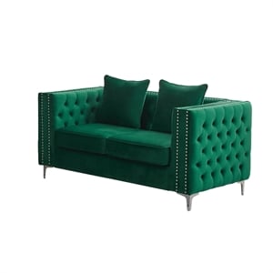 Pemberly Row Velvet Sofa Modern Loveseat with Button-Tufted & Metal Legs - Green