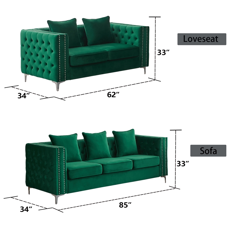 Pemberly Row Velvet Sofa Modern Couch with Button-Tufted Metal Legs in Green