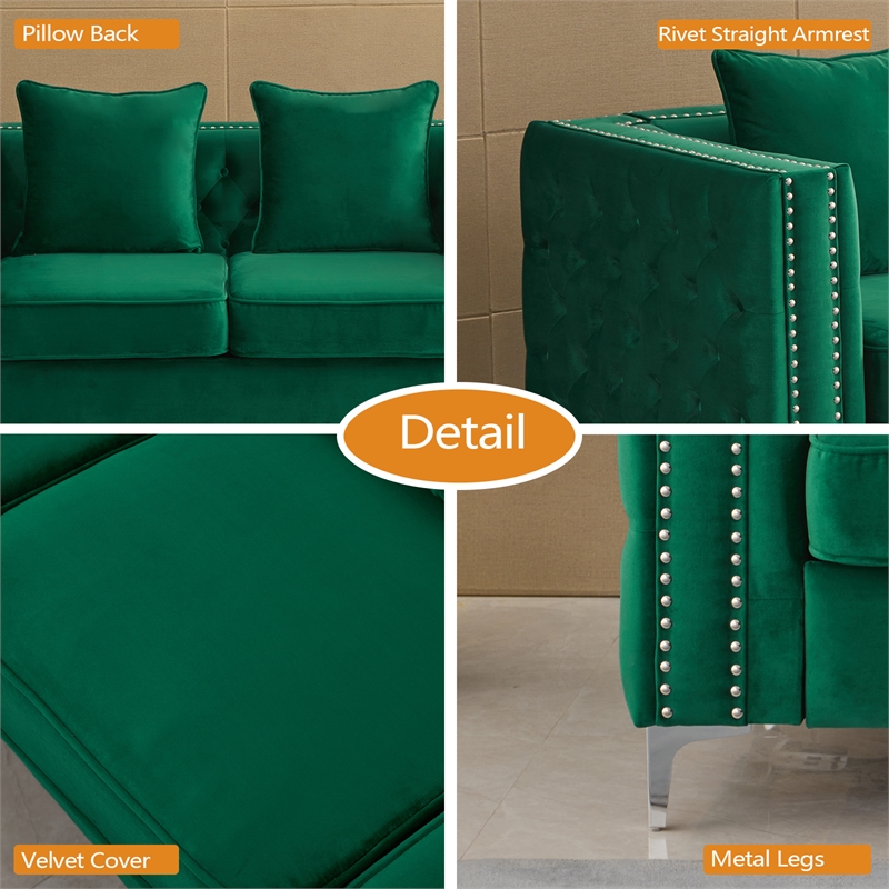 Pemberly Row Velvet Sofa Modern Couch with Button-Tufted Metal Legs in Green