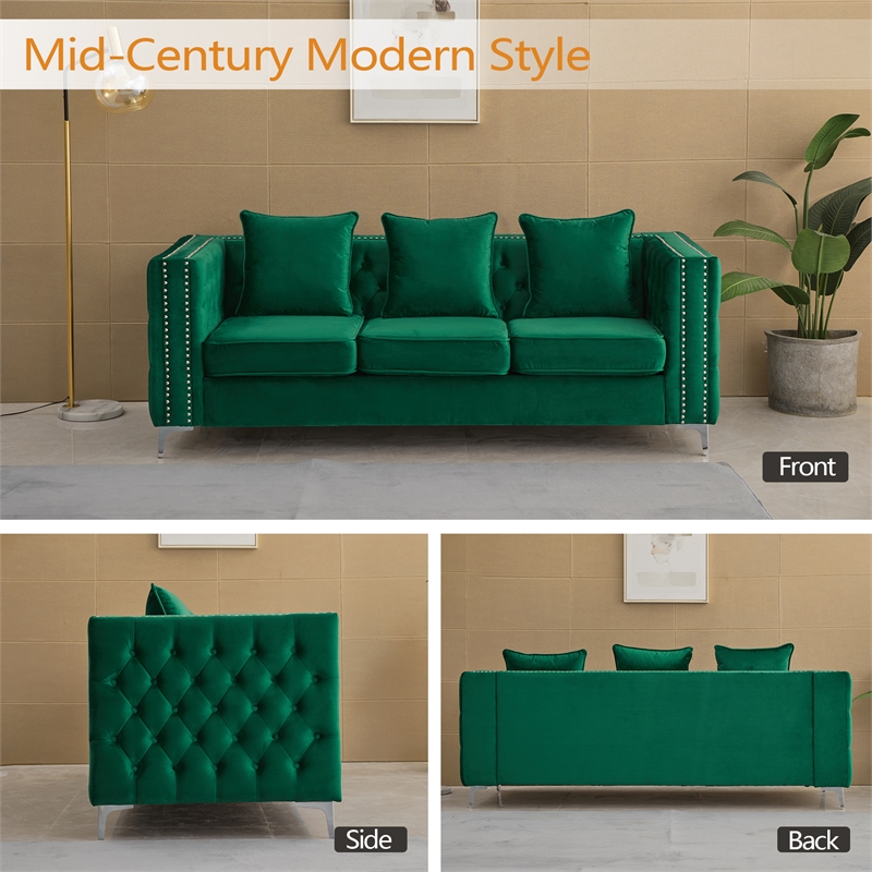 Pemberly Row Velvet Sofa Modern Couch with Button-Tufted Metal Legs in Green