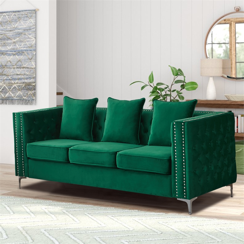 Pemberly Row Velvet Sofa Modern Couch with Button-Tufted Metal Legs in Green
