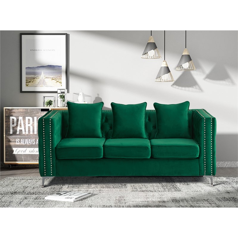 Pemberly Row Velvet Sofa Modern Couch with Button-Tufted Metal Legs in Green