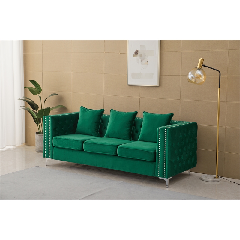 Pemberly Row Velvet Sofa Modern Couch with Button-Tufted Metal Legs in Green