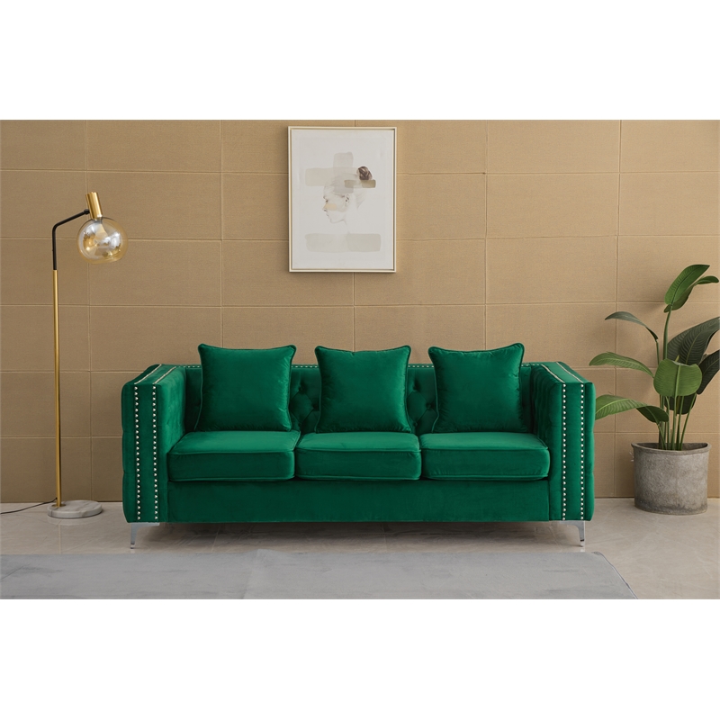 Pemberly Row Velvet Sofa Modern Couch with Button-Tufted Metal Legs in Green
