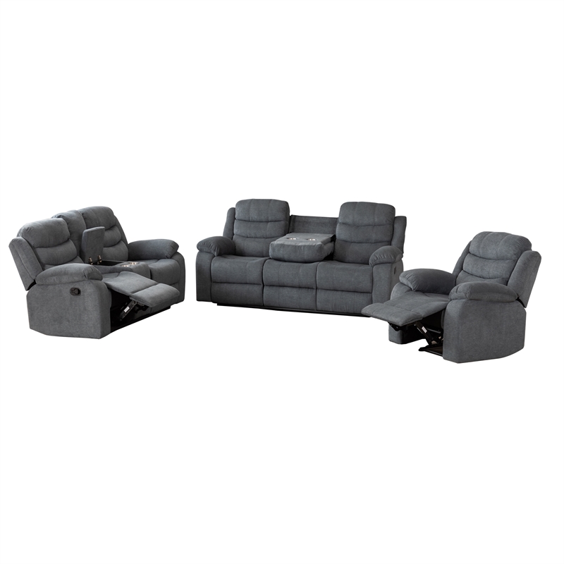 Pemberly Row Fabric Sofa Set of Reclining Chair & Loveseat & Sofa in Grey